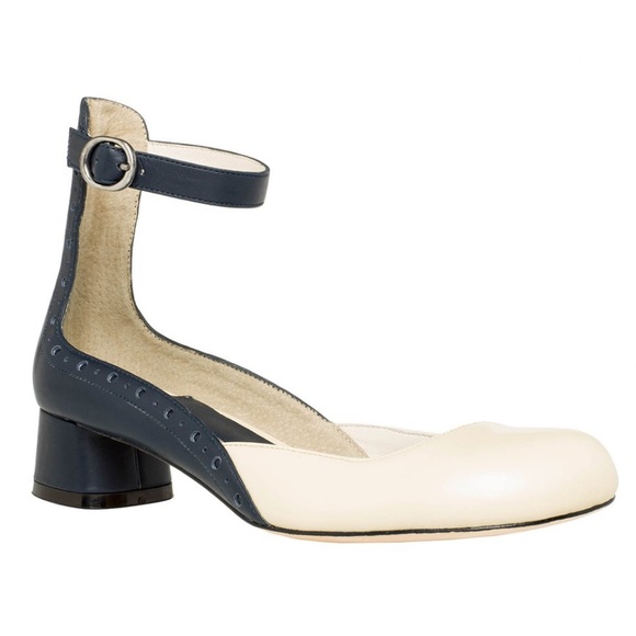 Navy and Cream Acacia Leather Pump with strap - Picture 2 of 6